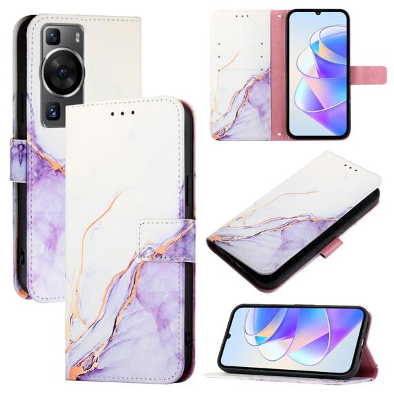 Custodia per telefono in pelle flip con motivo marmo PT003 per Huawei P60 / P60 Pro (LS006 bianco viola)