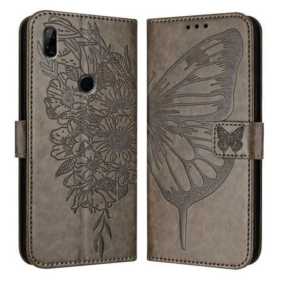 Custodia per telefono in pelle con farfalla goffrata per Honor 9X Global / Huawei P Smart Z (grigio)