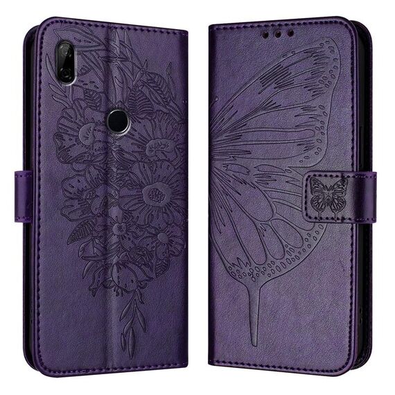 Custodia per telefono in pelle con farfalla goffrata per Honor 9X Global / Huawei P Smart Z (viola scuro)