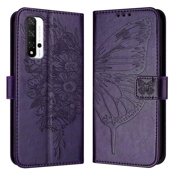 Custodia per telefono in pelle con farfalla goffrata per Honor 20/20 Pro / 20S (viola scuro)