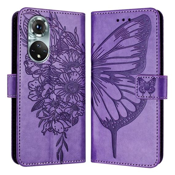 Custodia per telefono in pelle con farfalla goffrata per Honor 50 Pro / Huawei Nova 9 Pro (viola)