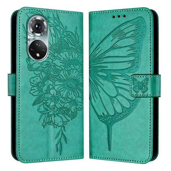 Custodia per telefono in pelle con farfalla goffrata per Honor 50 Pro / Huawei Nova 9 Pro (verde)