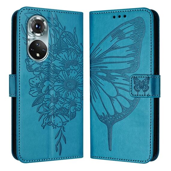 Custodia per telefono in pelle con farfalla goffrata per Honor 50 Pro / Huawei Nova 9 Pro (blu)