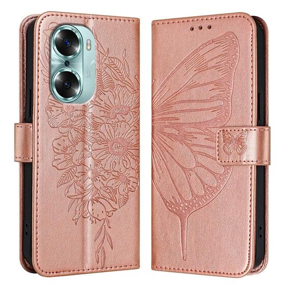 Custodia per telefono in pelle farfalla goffrata per Honor 60 (oro rosa)