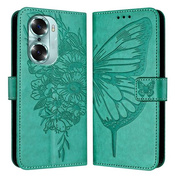 Custodia per telefono in pelle con farfalla goffrata per Honor 60 (verde)