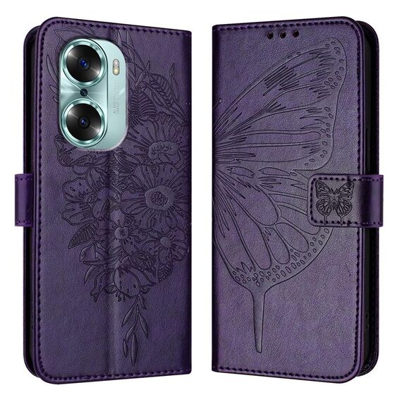 Custodia per telefono in pelle con farfalla goffrata per Honor 60 (viola scuro)