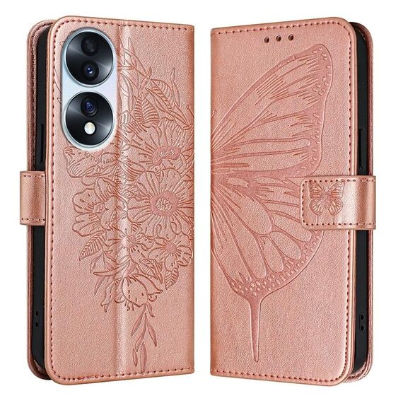 Custodia per telefono in pelle farfalla goffrata per Honor 70 (oro rosa)