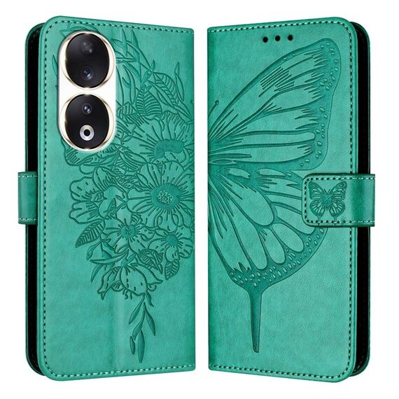 Custodia per telefono in pelle con farfalla goffrata per Honor 90 (verde)