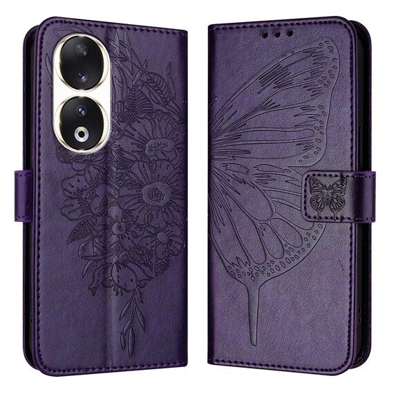 Custodia per telefono in pelle con farfalla goffrata per Honor 90 (viola scuro)