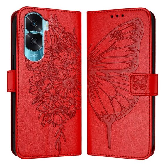 Custodia per telefono in pelle con farfalla goffrata per Honor 90 Lite / X50i (rossa)