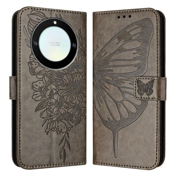 Custodia per telefono in pelle con farfalla goffrata per Honor X40 / X9a / Magic5 Lite (grigio)