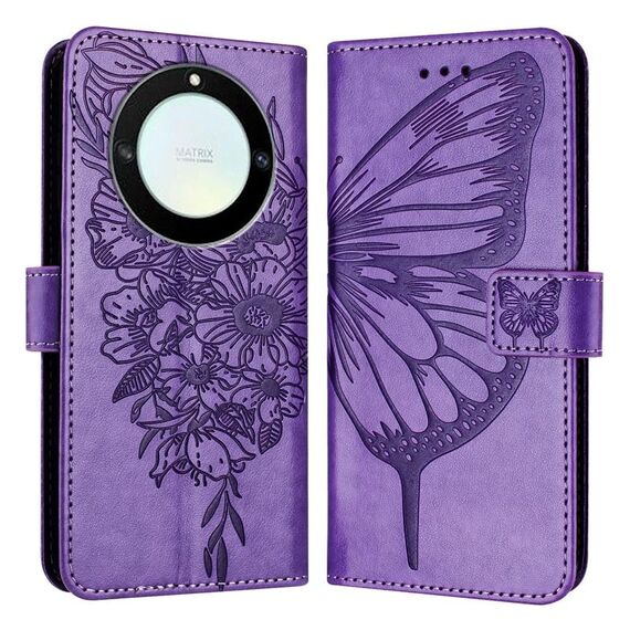 Custodia per telefono in pelle con farfalla goffrata per Honor X40 / X9a / Magic5 Lite (viola)