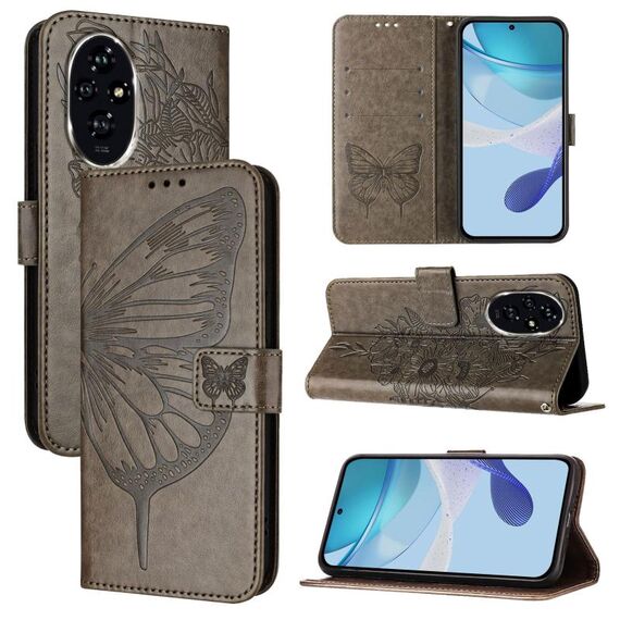 Custodia in pelle con motivo a farfalla in rilievo per Honor 200 Pro (grigio)