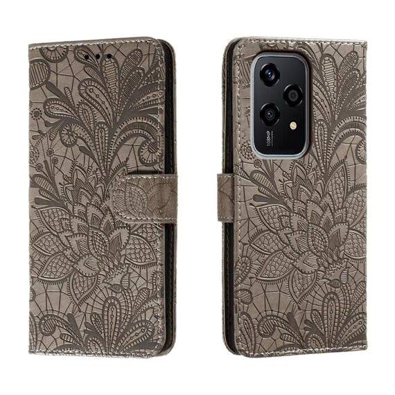 Custodia per cellulare in pelle con vibrazione in rilievo globale con fiori in pizzo per Honor 200 Lite (grigio)