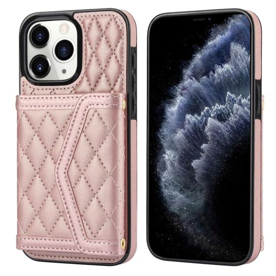 Per iPhone 11 Pro Max Custodia per telefono con trama rombica e cordino lungo (oro rosa)