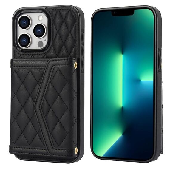 Per iPhone 13 Pro Custodia per telefono con trama rombica e cordino lungo (nero)