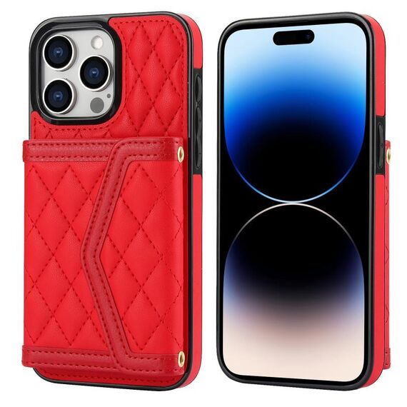 Per iPhone 14 Pro, custodia per telefono con trama rombica e cordino lungo (rosso)
