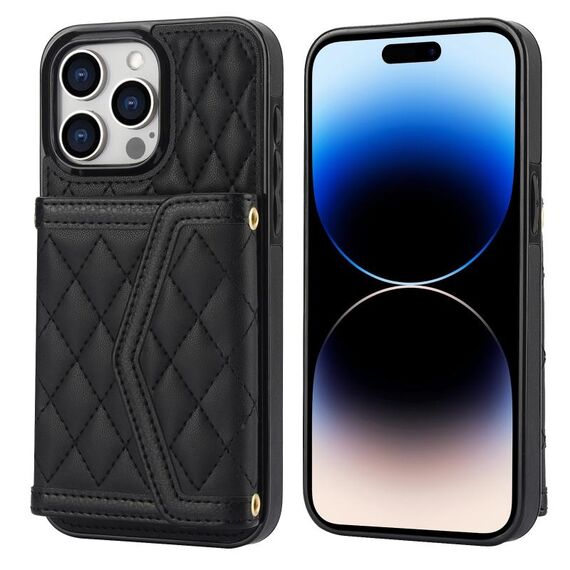Per iPhone 14 Pro Max Custodia per telefono con trama rombica e cordino lungo (nero)