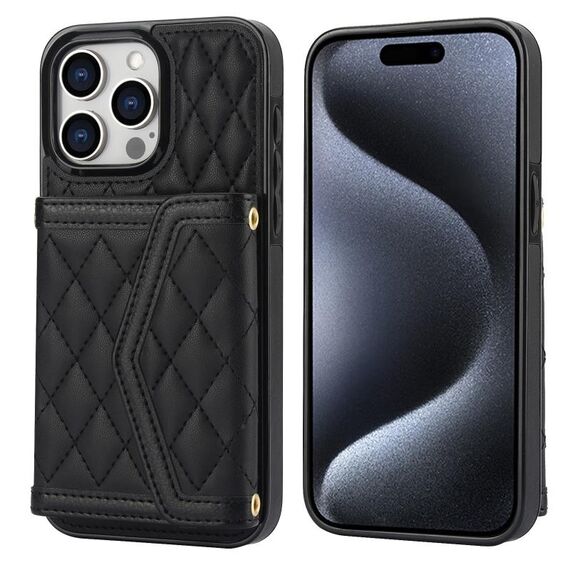 Per iPhone 15 Pro Custodia per telefono con trama rombica e cordino lungo (nero)