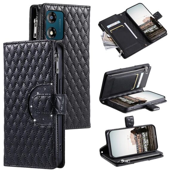 Per Motorola Moto E14 Glitter Lattice Custodia in pelle a portafoglio con cerniera (Nero)