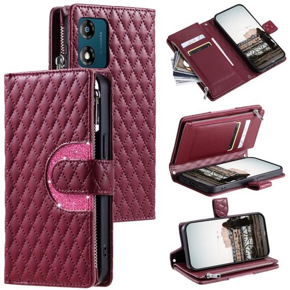 Custodia per cellulare in pelle con portafoglio con cerniera glitterata per Motorola Moto E14 (vino rosso)