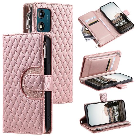 Per Motorola Moto E14 Glitter Lattice Custodia a portafoglio in pelle con cerniera (oro rosa)