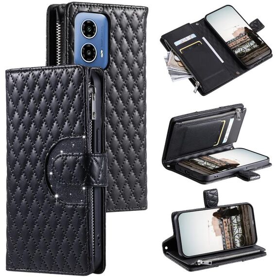 Per Motorola Moto G85 Glitter Lattice Custodia in pelle a portafoglio con cerniera (Nero)