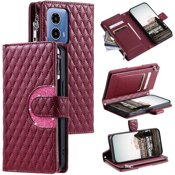 Per Motorola Moto G85 Glitter Lattice Custodia a portafoglio in pelle con cerniera (Vino Rosso)