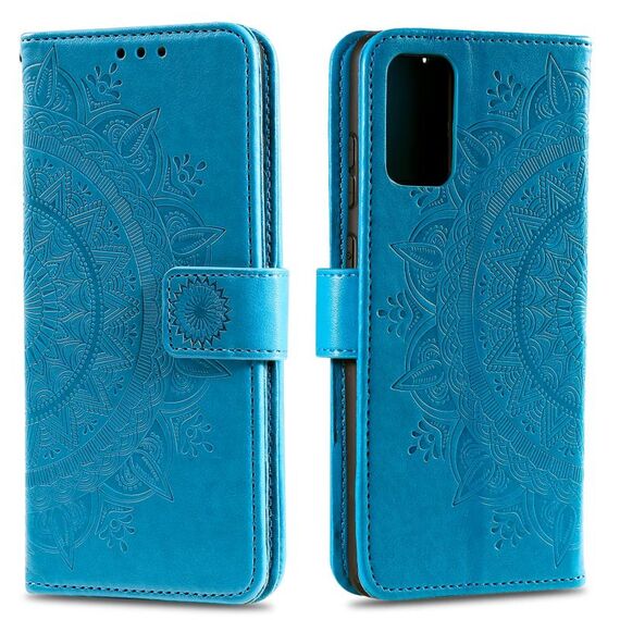 Custodia per telefono in pelle goffrata fiore Totem Fusion per Motorola Edge 50 con cordino (blu)