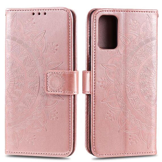Custodia per telefono in pelle goffrata fiore Totem Fusion per Motorola Edge 50 con cordino (oro rosa)