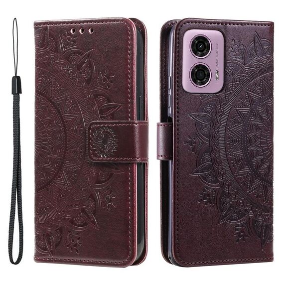 Per Motorola Moto G85 Totem Custodia per cellulare in pelle con fiore goffrato con cordino (marrone)