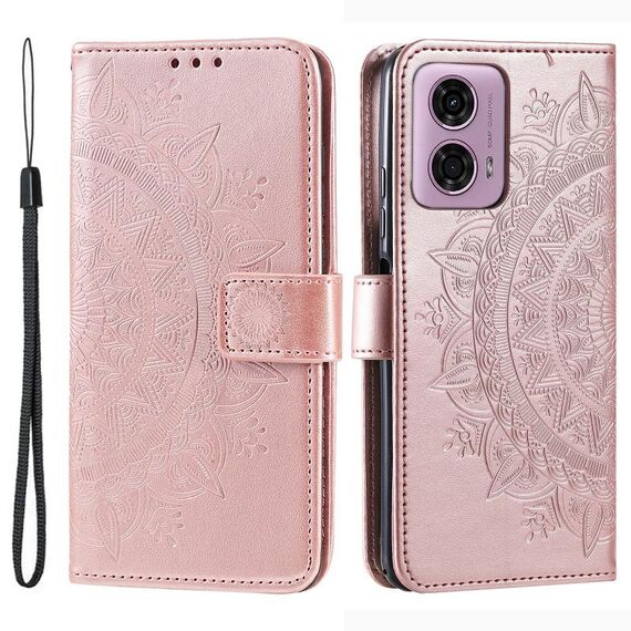 Per Motorola Moto G85 Custodia per cellulare in pelle con fiore totem goffrato con cordino (oro rosa)