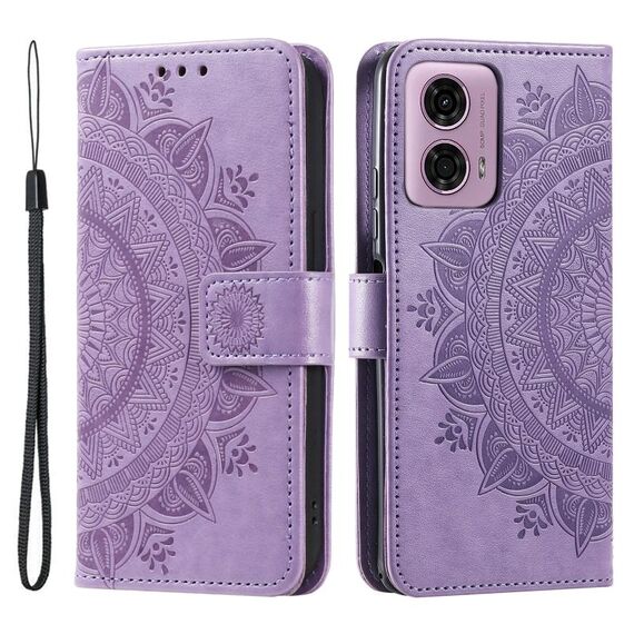 Per Motorola Moto G85 Totem Custodia per cellulare in pelle con fiore goffrato con cordino (viola)