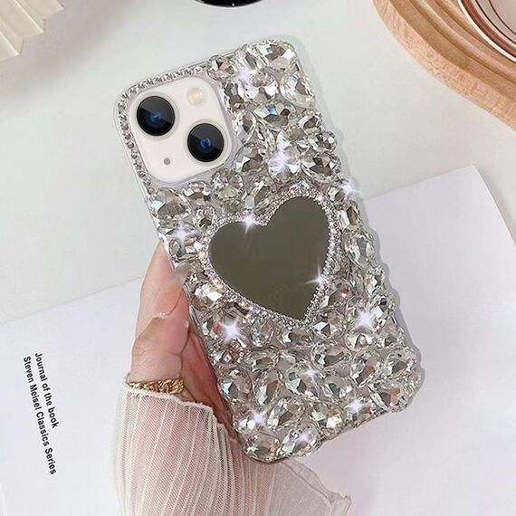 Per iPhone 14 Custodia per telefono con strass bling fatta a mano a specchio per PC (Amore grigio argento)