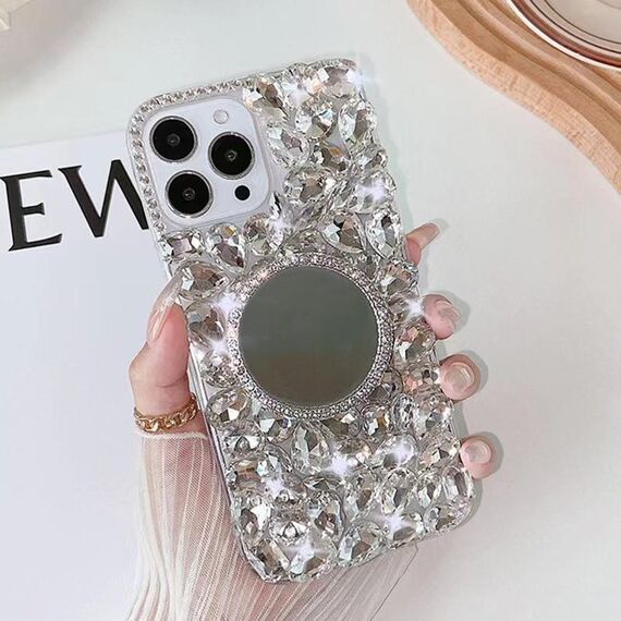 Per iPhone 14 Pro Max Custodia per telefono per PC con strass bling fatta a mano a specchio (rotonda grigio argento)