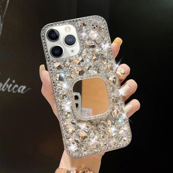 Per iPhone 11 Pro Max Custodia per telefono con strass bling fatta a mano a specchio per PC (quadrato grigio argento)