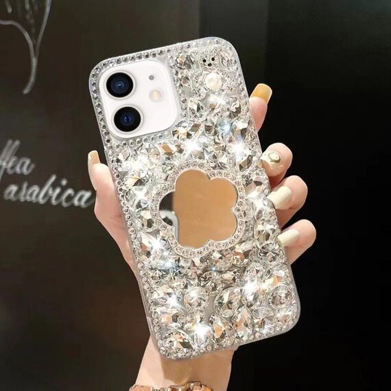 Per iPhone 11 Custodia per telefono con strass bling fatta a mano a specchio per PC (fiore grigio argento)