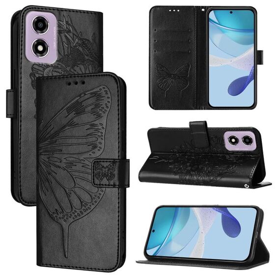 Per Motorola Moto E14 Custodia in pelle con motivo a farfalla in rilievo (grigio)