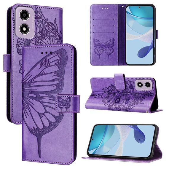 Per Motorola Moto E14 Custodia in pelle con motivo a farfalla in rilievo (viola)