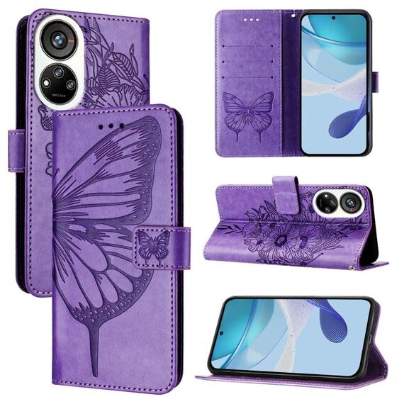 Per ZTE Blade V40s Custodia per telefono in pelle con motivo a farfalla in rilievo (viola)