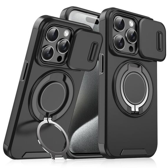 Custodia per telefono con supporto ad anello scorrevole Camshield per iPhone 15 Pro (nero)