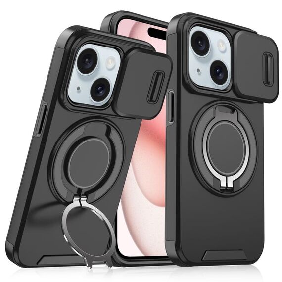 Custodia per telefono con supporto ad anello scorrevole Camshield per iPhone 15 (nero)