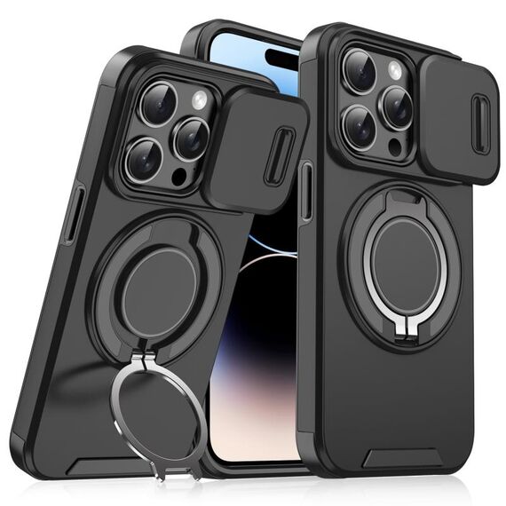 Custodia per telefono con supporto ad anello scorrevole Camshield per iPhone 14 Pro (nero)