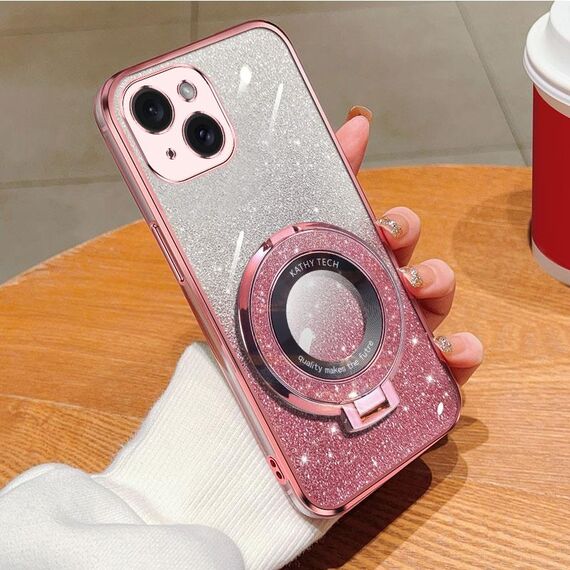 Per iPhone 15 Plus Custodia per telefono in TPU con supporto rotondo glitterato sfumato placcato (rosa)