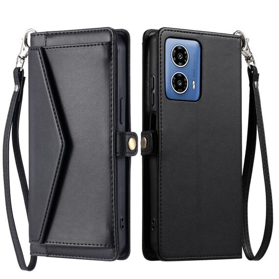 Per Motorola Moto G34 Portafoglio Multi-Slot per Scheda Custodia in Pelle per Telefono con Laccetto (Nero)