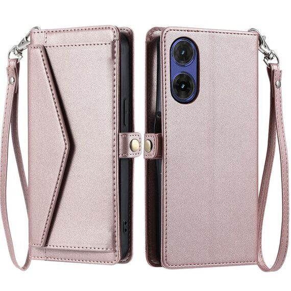 Per Motorola Moto G85 Portafoglio Multi-Slot per Scheda Custodia in Pelle per Telefono con Laccetto (Oro Rosa)