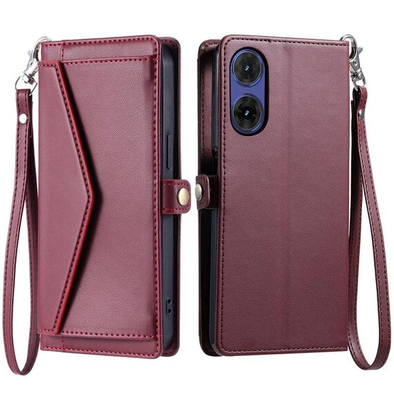 Per Motorola Moto G85 Portafoglio Multi-Slot per Scheda Custodia in Pelle per Telefono con Laccetto (Rosso Vino)