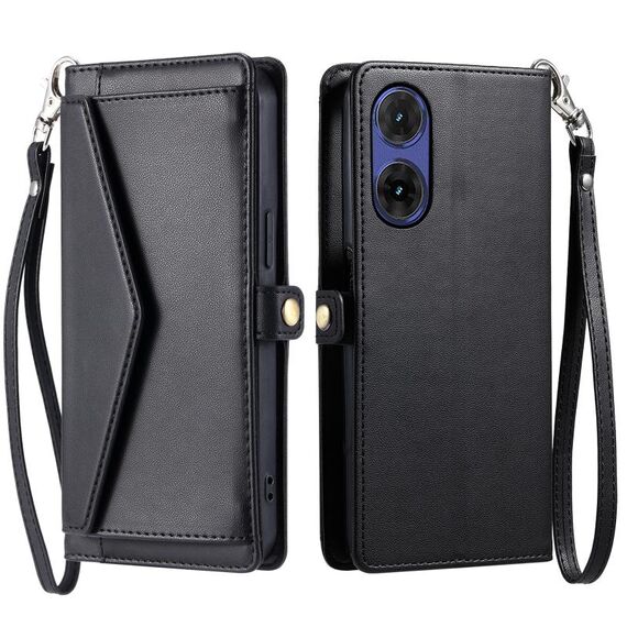 Per Motorola Moto G85 Portafoglio Multi-Slot per Scheda Custodia in Pelle per Telefono con Laccetto (Nero)