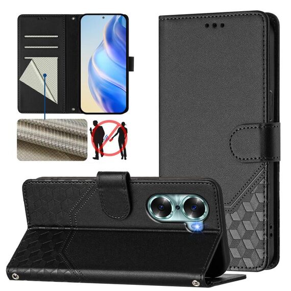 Per Honor 60 5G Custodia per telefono in pelle con stampa a nido d'ape RFID (nero)