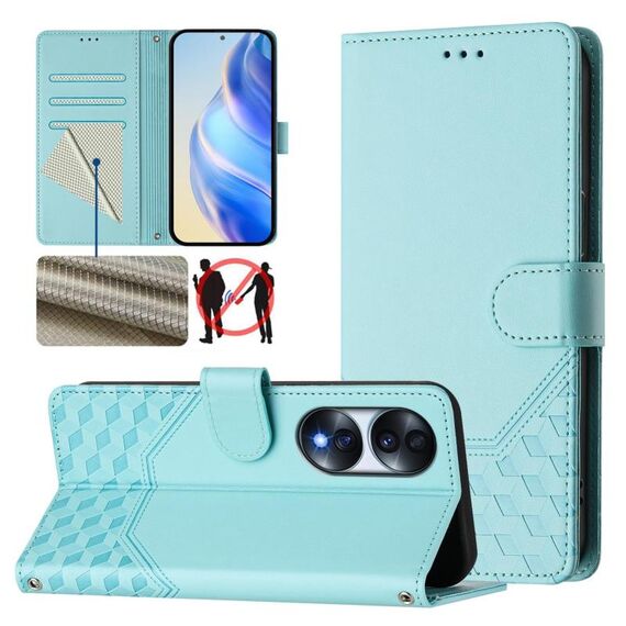 Custodia per telefono in pelle con stampa a nido d'ape RFID per Honor 70 5G (verde menta)